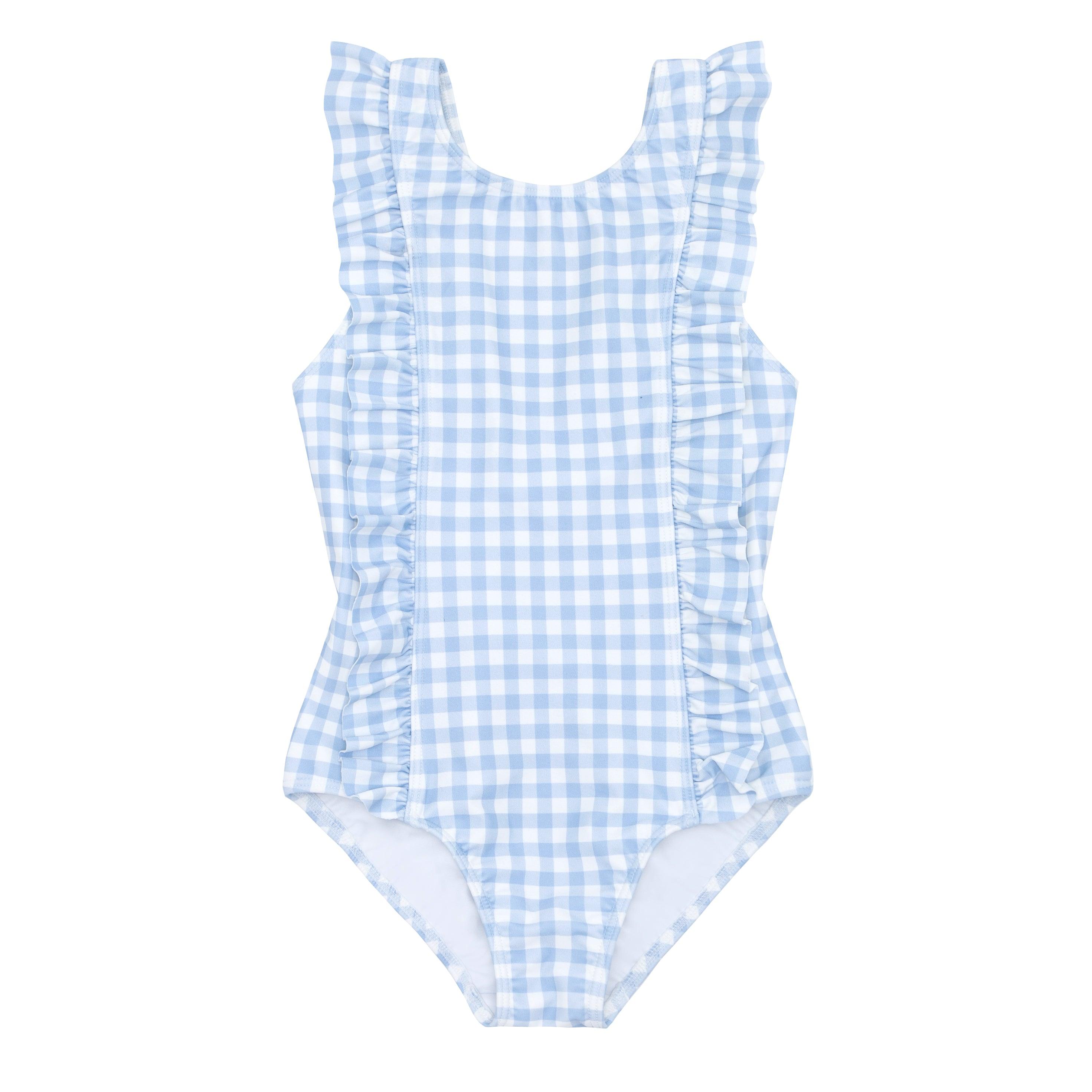 girls oasis blue gingham ruffle one piece – minnow