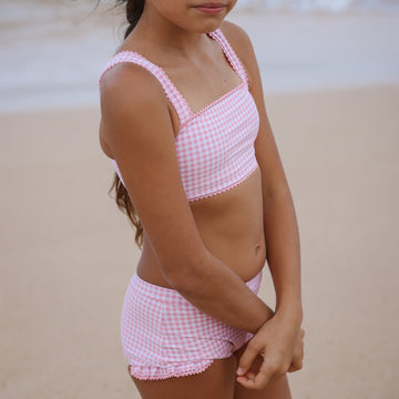 girls pink guava gingham bandeau bikini and swim shorts