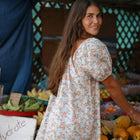women's hawaiian floral short sleeve gathered square neckline dress