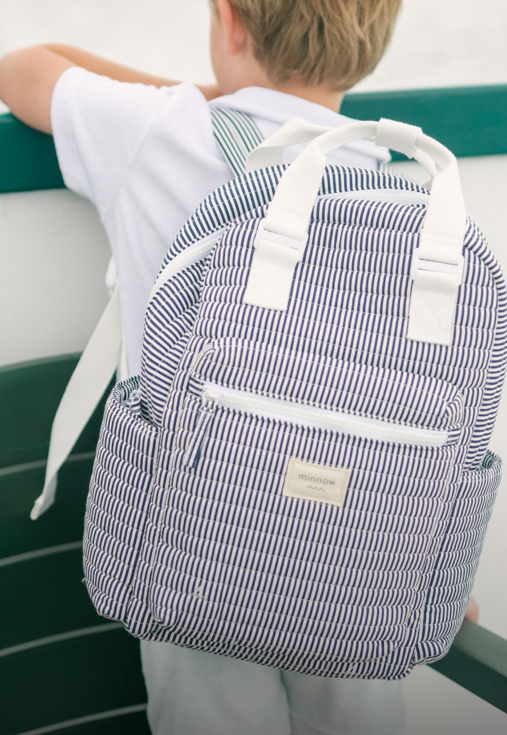 detail image of our unisex navy stripe backpack