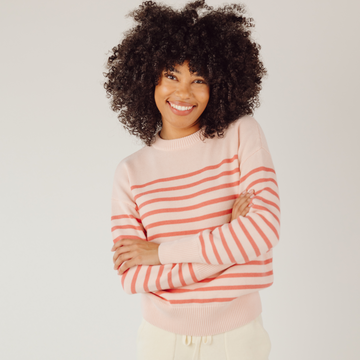 women's pink and dusty red stripe knit sweater