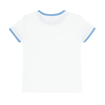 unisex white cotton ringer tee with surfside blue trim