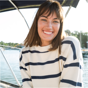 women's cream and navy wide stripe knit sweater