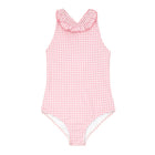 girls pink guava gingham ruffle neck one piece with back bow tie