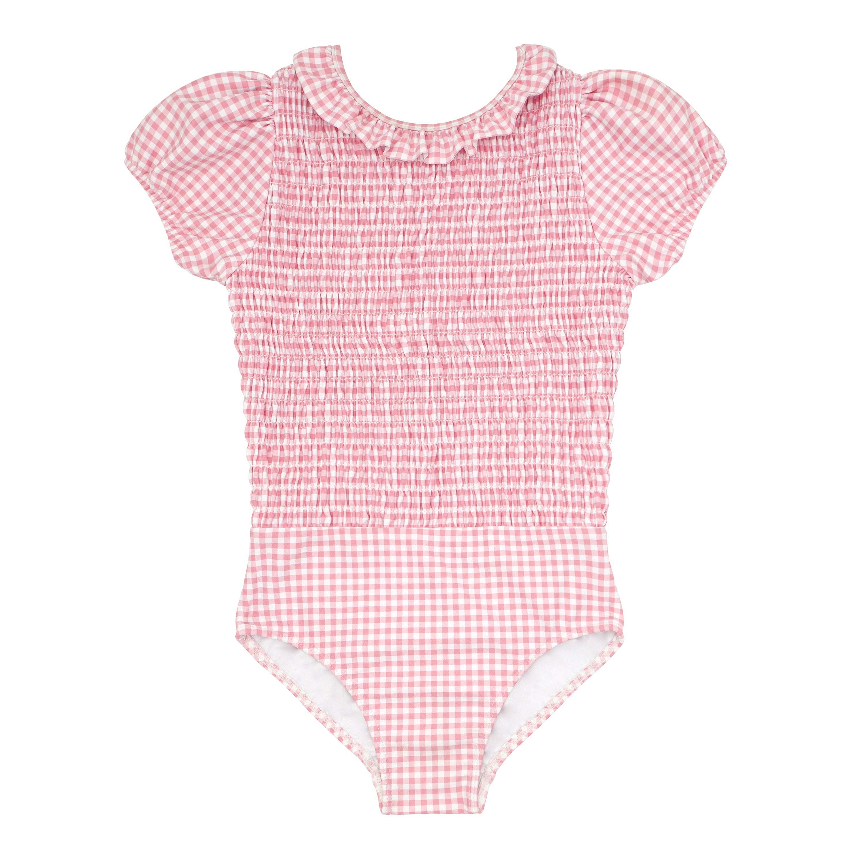 girls pink guava gingham puff sleeve smocked one piece with ruffle