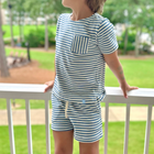 unisex cream and denim blue stripe shorts