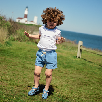 unisex white cotton ringer tee with surfside blue trim