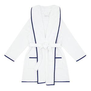 unisex white french terry robe with navy trim