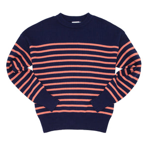 women's navy and dusty red stripe knit sweater
