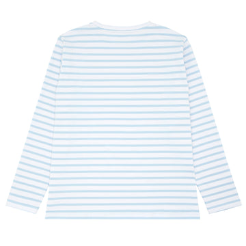 women's white and powder blue stripe long sleeve tee