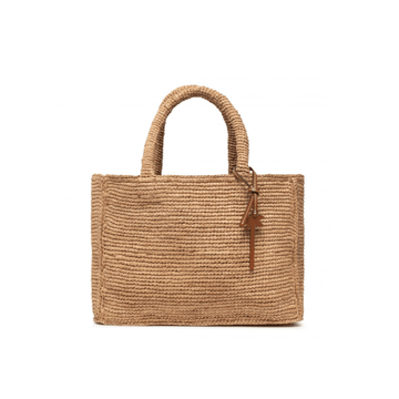 Basket bag in red colored raffia with handles