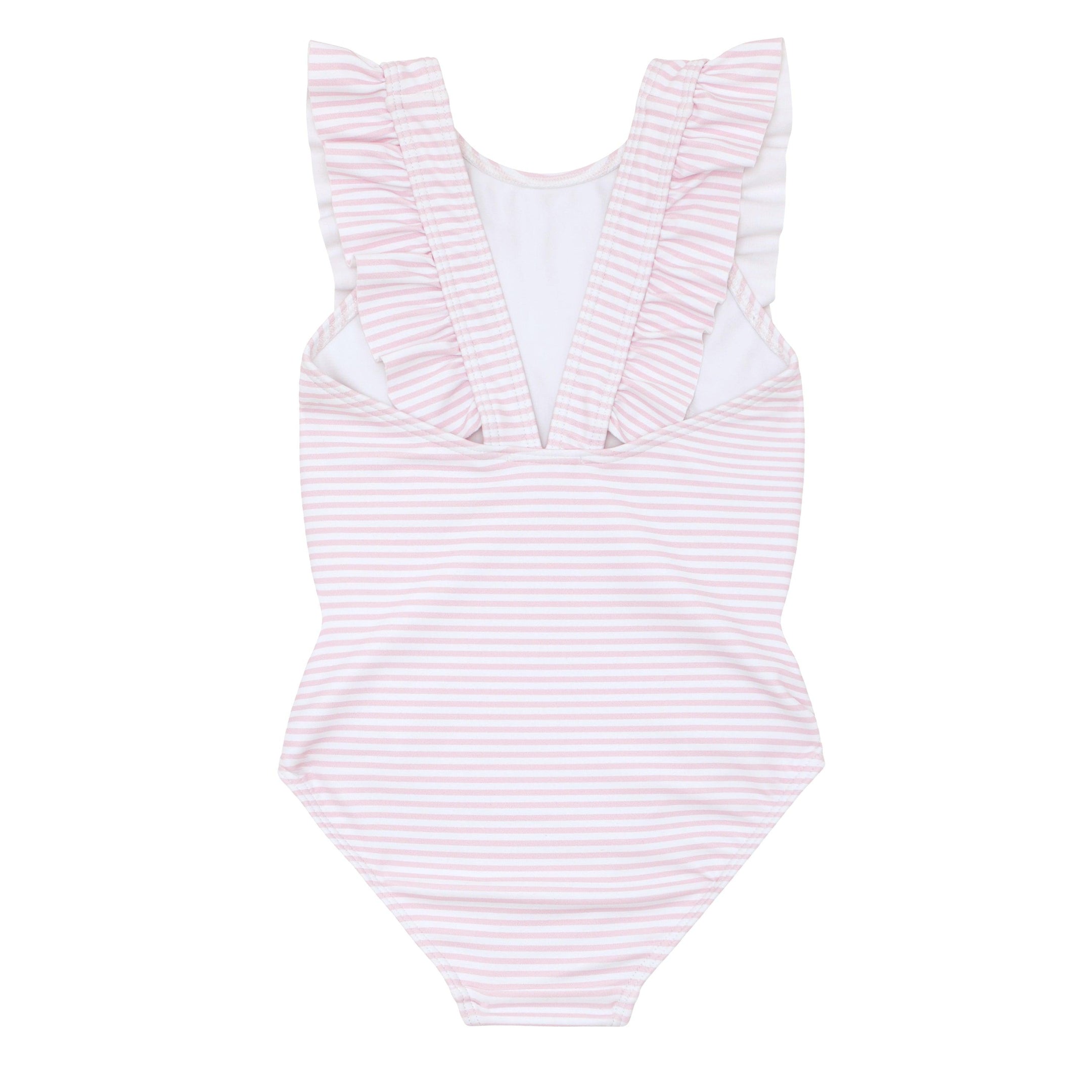 girls pink stripe ruffle one piece – minnow