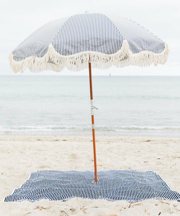 business & pleasure beach blanket, navy stripe