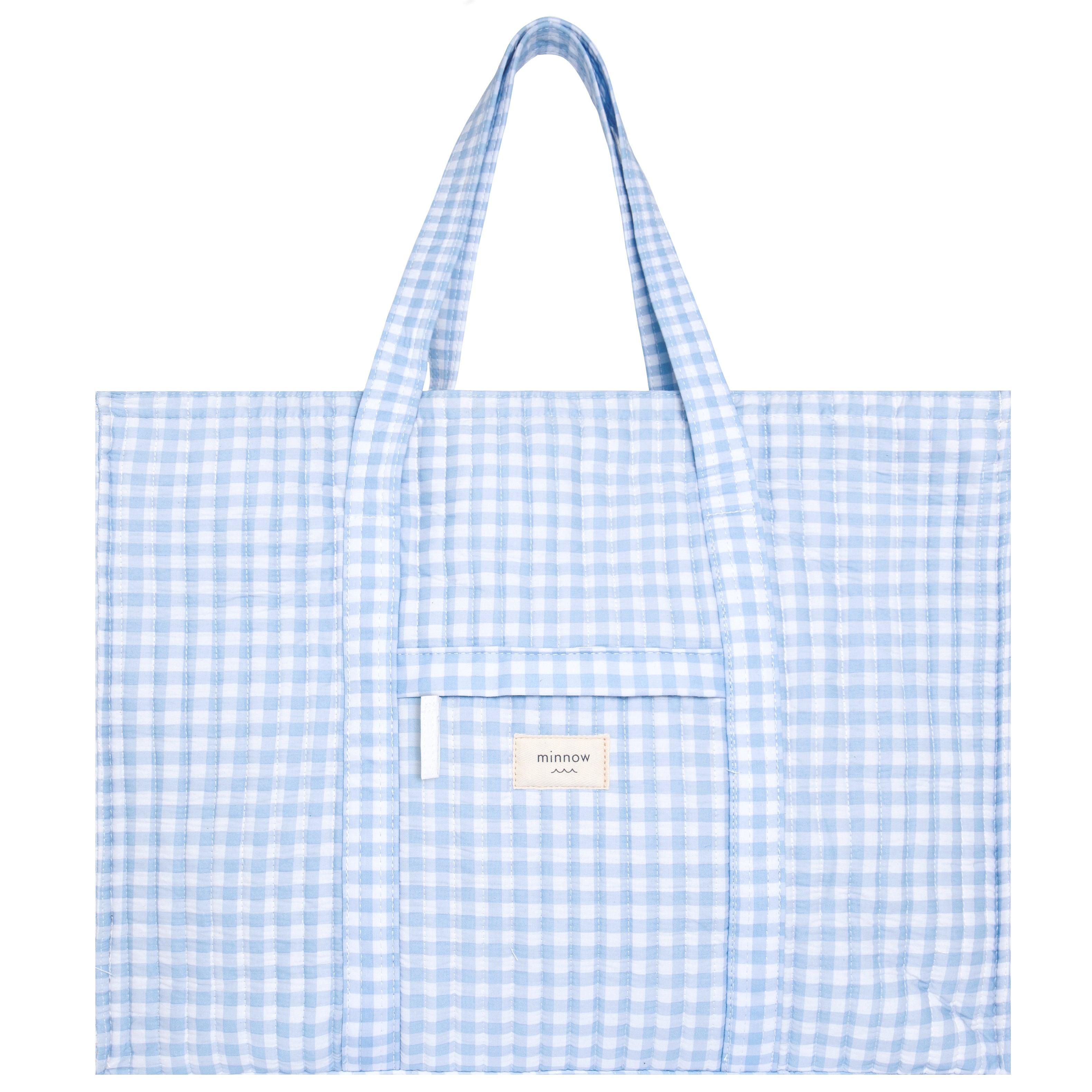 oasis blue gingham overnighter tote – minnow